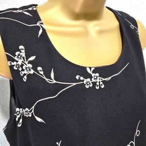 Vtg John Roberts Floral Cocktail Midi Dress 8P Black Sleeveless Minimalist Guest